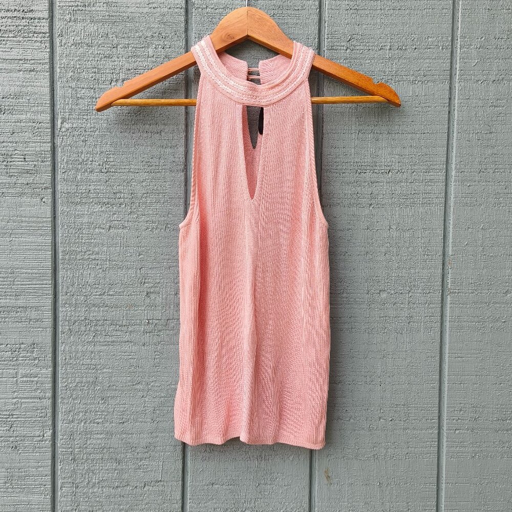 WHBM Knit Keyhole High Neck Sleeveless Blouse sz S Pale Pink Chic Coastal